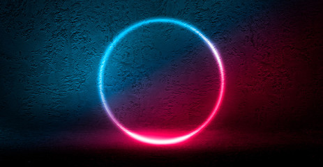 Background of empty stage, room. Reflection on wet pavement, concrete. Neon blurry lights. Neon circle figure in the center, smoke