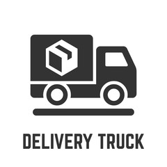 Delivery truck icon with cargo freight lorry vehicle and package box glyph symbol.