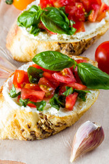 Tomato and cheese fresh made bruschetta. Italian tapas, antipasti with vegetables, herbs and oil on grilled ciabatta and baguette bread. Sandwich.