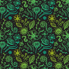 Hand drawn flower seamless pattern on dark background. Vector abstract surface design.