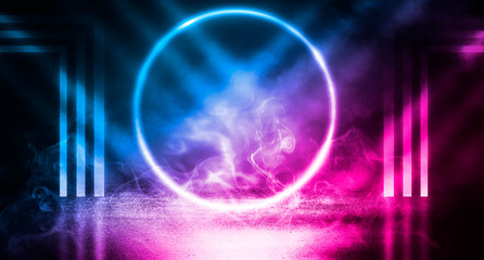 Background of empty stage, room. Reflection on wet pavement, concrete. Neon blurry lights. Neon circle figure in the center, smoke
