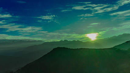 A view of the sunrise in the Himalayas, Chamba Valley, Himachal Pradesh.