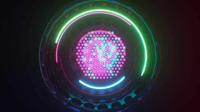 Looping background light lamp fixture glowing with futuristic, metal and pulsating neon lights.  Use in music videos, tv, film, editing, live visuals, VJ loops, shows, or art.