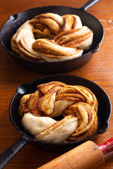 Food bakery concept making bread dought for Cinnamon Roll Braided Bread with copy space