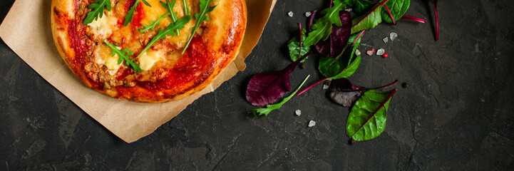  pizza, mushrooms, chicken, tomato sauce, cheese, arugula (pizza ingredients). hot pizza. Top view. copy space