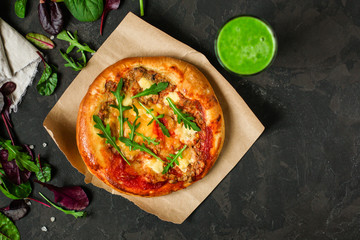  pizza, mushrooms, chicken, tomato sauce, cheese, arugula (pizza ingredients). hot pizza. Top view. copy space
