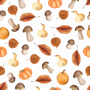 Watercolor autumn harvest pattern. Hand painted mushroom, pumpkins, fall leaves isolated on white background. Nature illustration for design. Yellow,orange and brown autumn colors background.