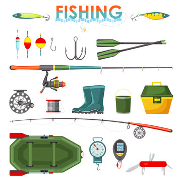 Set of isolated fishing items or equipment, rod