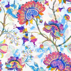 Foto op Plexiglas Jacobean seamless pattern. Flowers background, ethnic style. Stylized climbing flowers. Decorative ornament backdrop for fabric, textile, wrapping paper, card, invitation, wallpaper, web design © sunny_lion