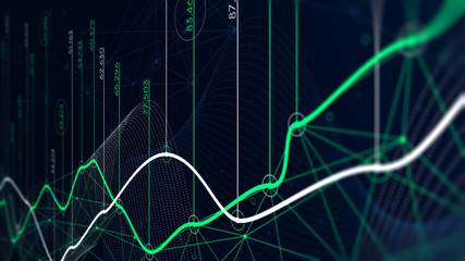 Digital analytics concept, data visualization, financial schedule, monitor screen in perspective