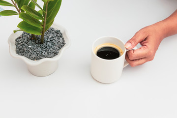 girl's hands holding coffee cup with plant flat lay top view
