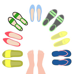 Set of women's shoes. View top. Open and closed summer shoes