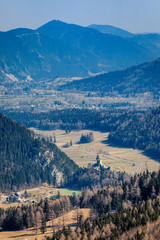 View over mountain valley and castle ruin in  Puchberg am Schneeberg