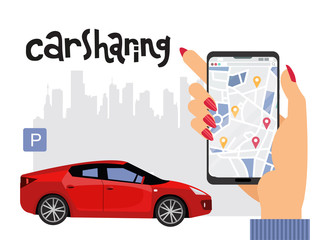 Mobile city transportation concept. Online car sharing. female hand with big mobile phone with geolocation map and city silhouette. Red sports car under parking sign composition with lettering