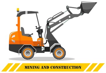 Skid steer loader. Detailed illustration of heavy mining machine and construction equipment. Vector illustration.