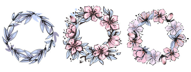 Vintage floral frame set with leaves and flowers motives. Vector illustration