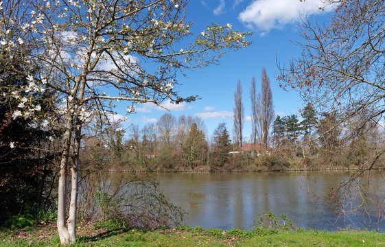 Seine river bank and chatou island in Paris suburb