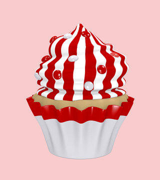 Cupcake mit Sahnehaube aus roten und weißen Streifen mit Smarties.