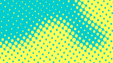 Bright yellow and blue retro pop art background with dots. Vector abstract background with halftone dots design.
