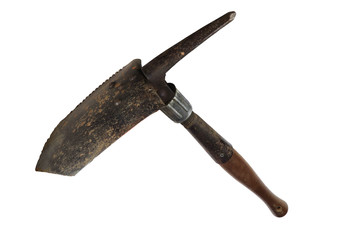 Military Portable Folding Shovel, old shovel, dirty shovel, isolated on black background.