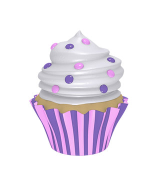 leckerer Cupcake in lila-rosa gestreiften Förmchen mit Sahnehaube und Smarties.