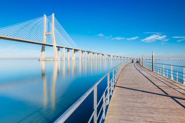 Vasco da Gama Bridge viewed from a pier on The Tejo River, Lisbon, Portugal