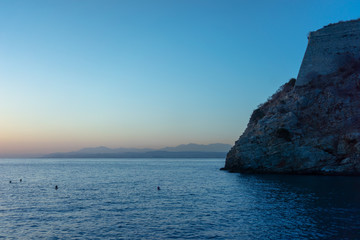 Fototapeta na wymiar Early summer morning bright sky Beach in Crete