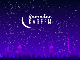 Night background. Ramadan Kareem holiday celebration beautiful greeting card background vector illustration. Islamic celebration design. Eid Mubarak vector illustration. Night cityscape background