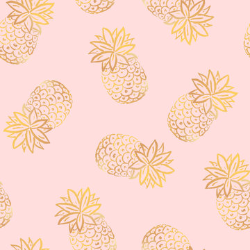 Summer golden pineapples seamless pattern. Tropical decorative fruit icons. Hand draw paint ananases on rose background. Vector Illustration