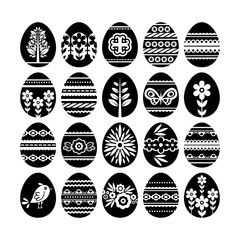 Silhouettes of black easter eggs isolated on white background. Holiday Easter Eggs decorated with flowers and leafs. Print design, label, sticker, scrap booking, stamp, vector illustration