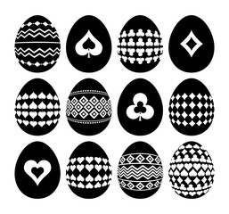Gambling and geometric symbols on Easter eggs. Silhouettes of black Easter eggs isolated on white background. Template, Print design, sticker, scrap booking, stamp, vector illustration