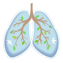 World Tuberculosis Day. World Pneumonia Day. Human lungs. Medical flat illustration. Health care. Tree branches like the lungs. Branches with leaves. Sky with clouds and birds