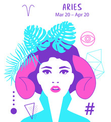 Aries and Ram of zodiac and horoscope concept, vector art, illustration. Beautiful girl silhouette. Astrological sign as a beautiful women. Future telling, horoscope, alchemy, spirituality, occultism