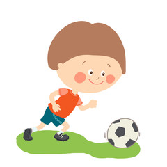 Little boy playing soccer on the football field. Child kicking football. Cute happy kid playing with a ball. Cartoon vector eps 10 illustration on white background.