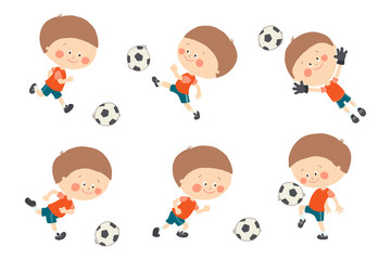 Soccer kid set. Cute caucasian boy playing football in red and blue sport uniform. Goalkeeper catching a soccer ball. Cartoon vector eps 10 illustration on white background. Flat colors.