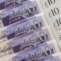 Closed up of pound sterling banknotes. United Kingdom currency