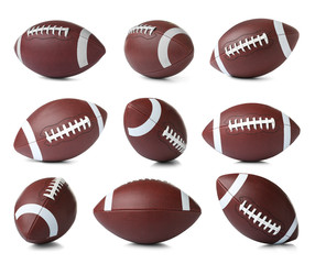 Set of leather American soccer balls on white background. Football equipment