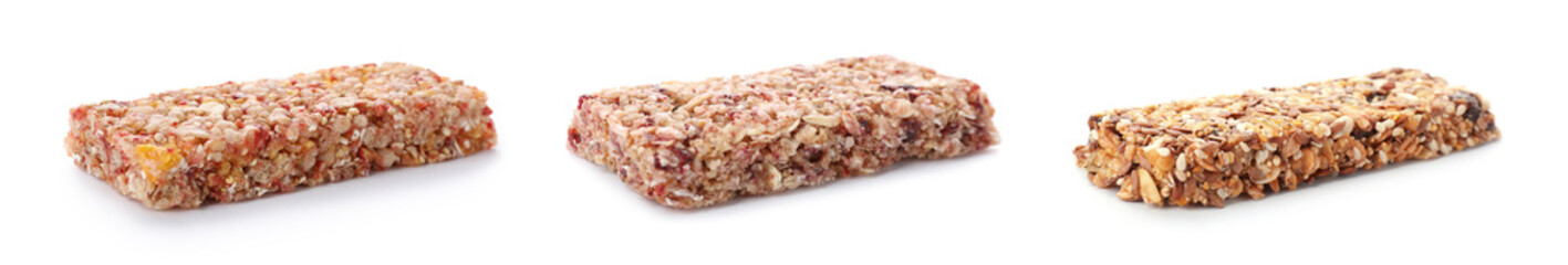 Set of different sweet protein bars on white background
