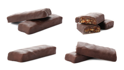 Set of tasty sweet protein bars on white background