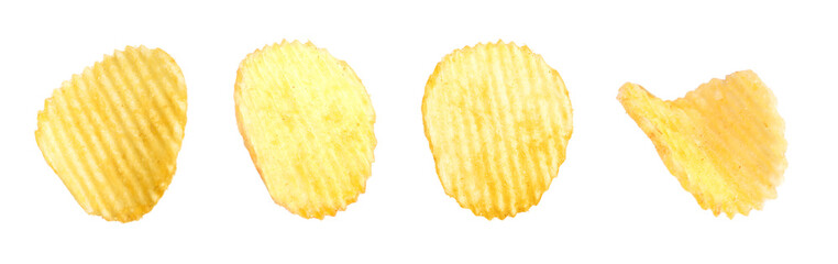 Set of tasty ridged potato chips on white background