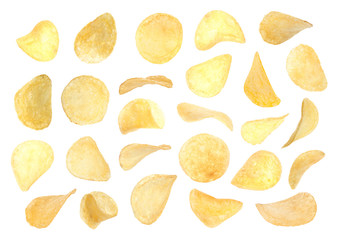 Set of fried crispy potato chips on white background