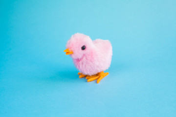 Little children's pink chicken toy on a blue background