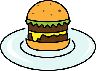 Colored icon of burger with salad with cheese and cutlet on a plate