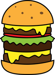 Colored icon big burger with salad and cheese and cutlet