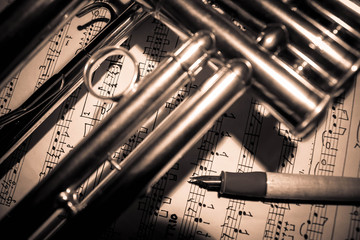 Background of a trumpet on sheet music
