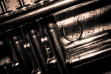Background of a trumpet on sheet music