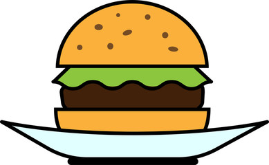 Colored icon front view hamburger with lettuce and cutlet on a plate