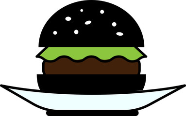 Colored icon front view of a black hamburger with lettuce and chop on a plate