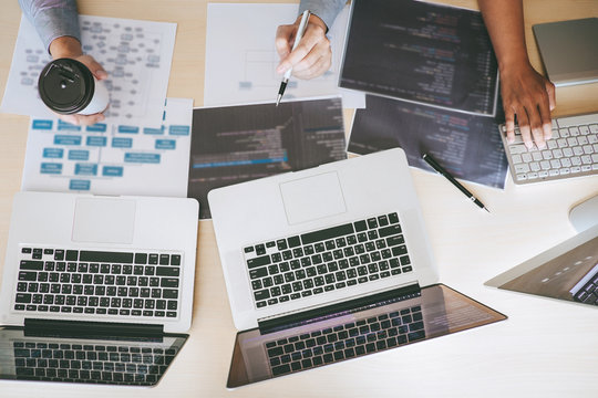 Professional Developer programmer cooperation meeting and brainstorming and programming in website working a software outsourcing and coding technology, writing codes and database