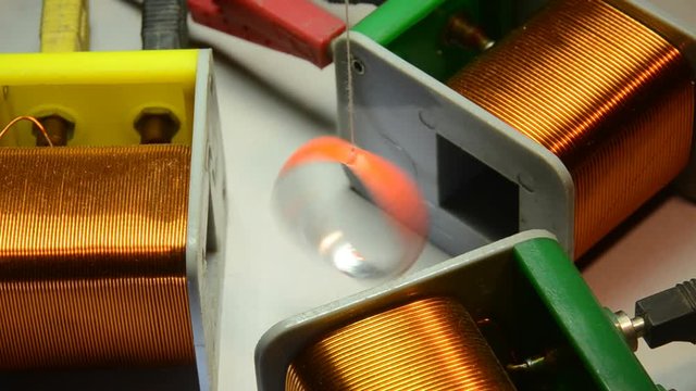 Demonstration of how a three-phase asynchronous motor works. The orange metal ring is influenced by the rotating magnetic field, and starts to rotate clockwise. Power is applied 2 sec. into the clip. 